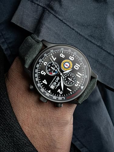 AVI-8 Hawker Hurricane Men's Pilot Watch – Classic Chronograph, Japanese Quartz Movement, 43.5mm Stainless Steel Case, Leather Strap, AV-4011-0D - Military Green