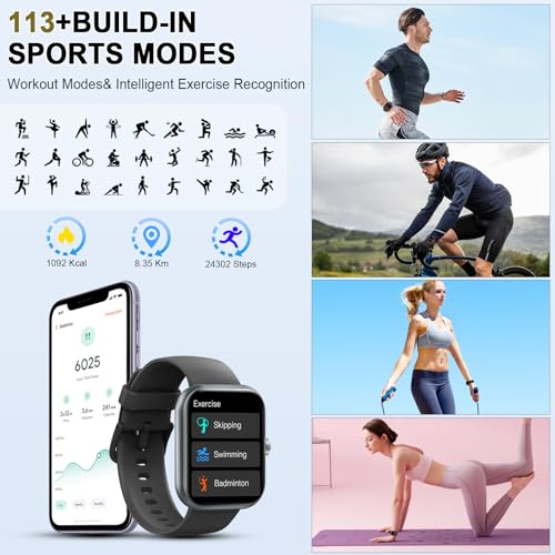 Smart Watch (Answer/Make Calls), 1.96" HD Smartatch for Men Women , 113+ Sport Modes, Fitness Tracker with Heart Rate/Sleep Monitor/Pedometer/Calories, IP68 Waterproof Running Watch for Android iOS
