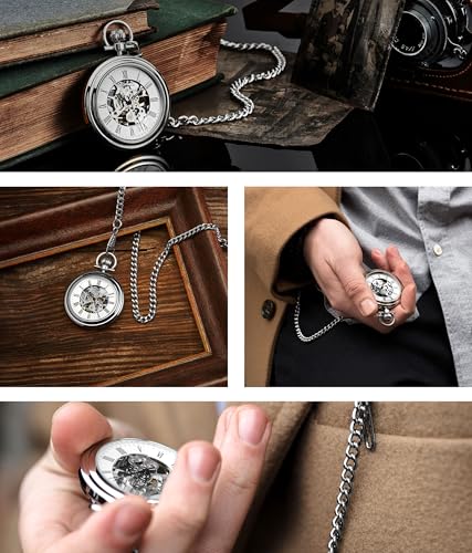Stuhrling Original Men’s Pocket Watch Mechanical Skeleton Dial Hand Wind Stainless Steel Chain Dual-Sided Display Analog Vintage Style Timepiece No Battery Watch