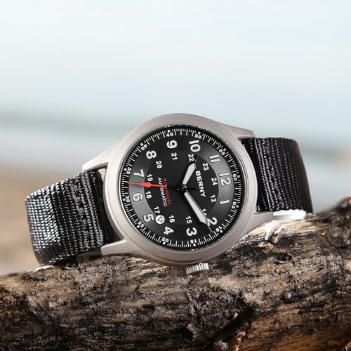 BERNY Automatic Titanium Watch for Men 10ATM Waterproof Men's Field Watch Super Luminous Male Analog Mechanical Military Wrist Watch AR Sapphire Crystal Date Calendar Birthday Present