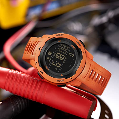 Step Counter Fitness Tracker Watches for Men, Men's Digital Sports Orange Watch IP68 Waterproof with Pedometer Calorie Dual Time Countdown Stopwatch, Tactical Military Outdoor Survival Hiking