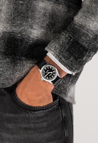 Hamilton Khaki Field Khaki Quartz Men's Watch, 38mm Stainless Steel Case, Swiss Made, Black Dial Analog Wrist Watch for Men, 50m Waterproof, Sapphire Crystal, Textile Strap