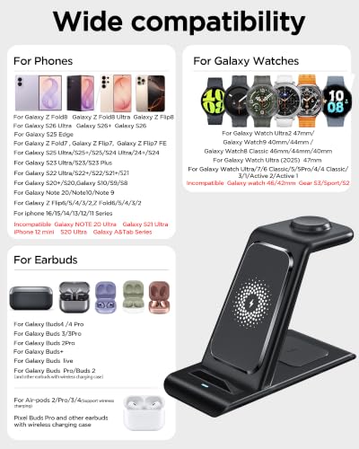 Wireless Charging Station for Samsung Galaxy Watch 9/8/7/6/5/4/3,S26 Ultra, Wireless Charger Samsung Phone Stand for Galaxy S25/S24/S23/S22/Note,Watch Ultra2,Buds4/4 Pro/3/2 Pro/Live Multiple Devices