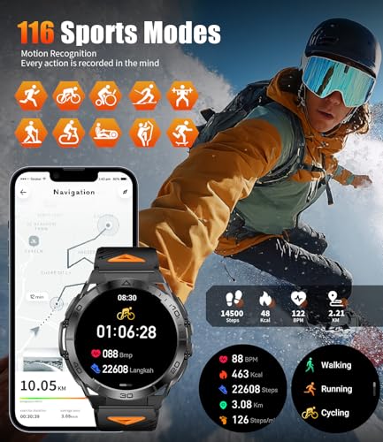 HIRREO Smart Watch for Men, 1.6'' AMOLED HD Fitness Watches with LED Flashlight, Buletooth Calling, 600mAh Battery/2 Straps/100+ Sports/IP68 Waterproof Smartwatch for Android iOS, Black-Orange