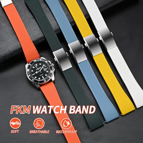 ULLCHRO FKM Rubber Watch Strap, Cut to Size Quick Release Fluororubber Watch Band Soft Replacement Watchband with Silver Milled Clasp for Men Women 18mm 19mm 20mm 21mm 22mm (20mm, Black