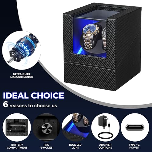 BEWISHOME Watch Winder for Automatic Watches, Double Watch Widner with Led Light 4 Modes, Automatic Watch Winder Box Watch Spinner with Japanese Quiet Motor Type-C Adapter or Battery Powered, SYQ02C
