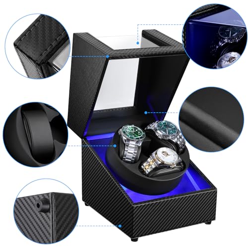 J&T Technology Watch Winder for Automatic Watches,Automatic Watch Winder with LED Light,Rotating Watch Case with Japanese Quiet Motor,4 Rotation Modes,USB Type C