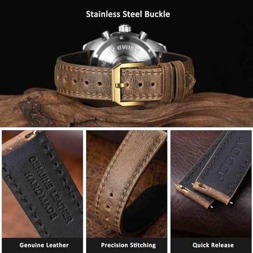 WOCCI 20mm Watch Band, Genuine Leather, Quick Release Replacement Strap, Golden Buckle (Brown)