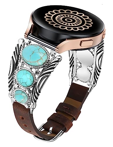 Minyee Leather Band Compatible with Samsung Galaxy Watch 7/6/5/4/FE/Active 2 40mm 44mm/Watch 6 Classic 43mm 47mm/Watch 5 Pro 45mm Band Women, Western Turquoise Boho Vintage Jewelry 20mm Watch Strap