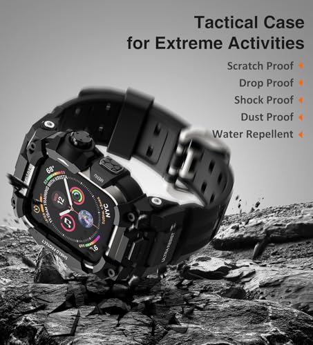 ULTIMAL Rugged Case with Band for Apple Watch 44mm,Compatible with Apple Watch Series SE 3/SE 2/SE Generation/6/5/4, Military Grade Shockproof Bumper Cover for iWatch Tactical Band Men (Black, 44mm)