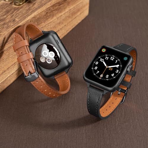 SEURE 2-pack Leather Band Compatible with Apple Watch Bands for women 38mm 40mm 41mm 42mm 44mm 45mm 46mm,Top Genuine Leather Wristband Slim Thin Strap for iWatch SE Series 11/10/9/8/7/6/5/4/3/2/1