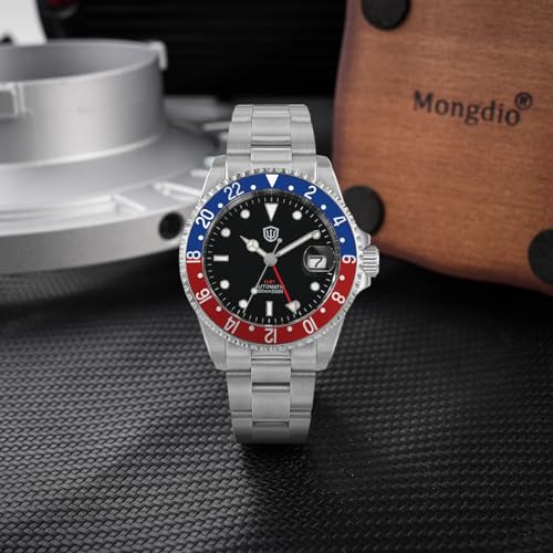 watchdives GMT Watches for Men WD0014 Dual Time Zone Dive Watch NH34 Automatic Vintage Wristwatch 40mm Aluminum Bezel (Black White/Red Blue)