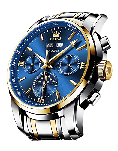 OLEVS Automatic Men Watch Self Winding Mechanical Luxury Dress Moon Phase Stainless Steel Waterproof Luminous Calendar Wrist Watch (Blue)
