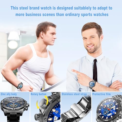 OHUGNA Men's Smart Watch Round HD 1.53" Gold Blue Smart Watches for Men, Multiple Sports Modes, Bluetooth Voice Call. Available for iOS and Android (Black Steel)