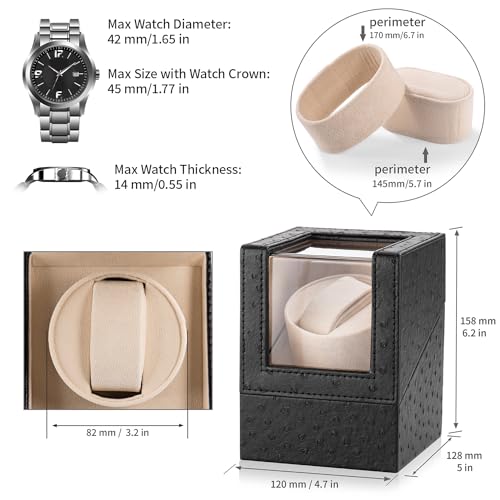 Efaithtek Automatic Single Watch Winder in Black Ostrich Pattern Leather with Japanese Quiet Motor，AC Adapter or Battery Powered