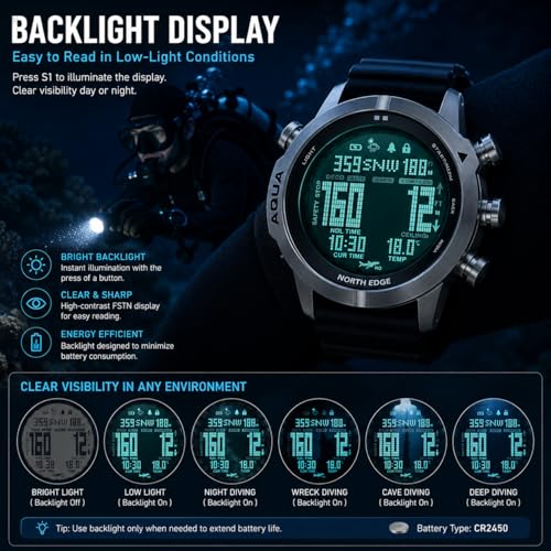 NORTH EDGE Aqua Dive Computer Watch for Men, 100M Waterproof Scuba Diving Watch with NDL, Air/Nitrox/Gauge Modes, 50M Depth Display, Compass, Altimeter, Barometer, Dive Log, Silicone Strap