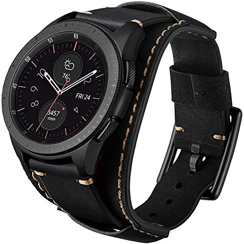 Hepsun Compatible with Samsung Galaxy Watch 7/6/5/4/Watch 42mm/Watch 3 41mm/Active 40mm/Active 2/Gear S2 Classic/Sport /Fossil Q Gazer/Ticwatch 2/Garmin Vivoactive 3 Bands, 20mm Vintage Cuff Genuine Leather Band Strap for Men Women (Black)