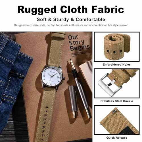 WOCCI 20mm Watch Band, Canvas Fabric, Quick Release, Replacement Strap, Silver Buckle (Khaki)