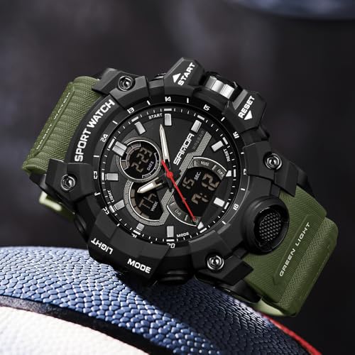 FANMIS Men's Solar Powered Casual Quartz Wrist Watch Analog Digital Multifunctional Black Sports Watch (X Army Green)