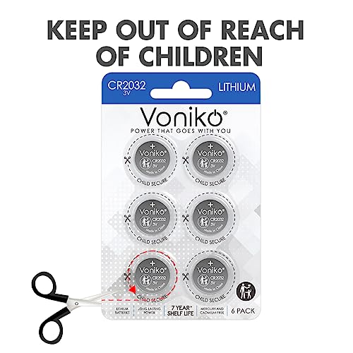 Voniko CR2032 3V Lithium Batteries 6 Pack for Child Safety, Compatible with AirTag, Key Fobs, Thermometers, Scales – 7 Years Shelf Life