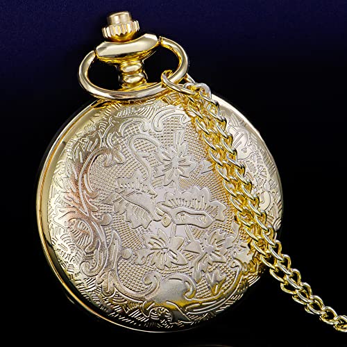 Tiong Luxury Gold Pocket Watch Hollow Blue Star Roman Numerals Quartz Pocket Watches with Chain Christmas Graduation Birthday Gifts Fathers Day(24-Gold)