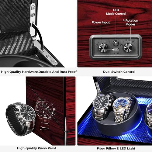 ANWBROAD Watch Winders For Automatic Watche, Automatic Watch Winder Box With Led Light, Watch Turner For Automatic, 4 Watch Rotator And Super Quiet Motor And 4 Rotation Mode, UJWW011Y