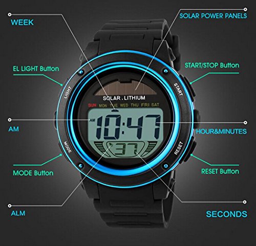 MASTOP Multi Function Solar Power Watch LED Sport Watches Digital Waterproof Chronograph Wrist Watch (Blue)