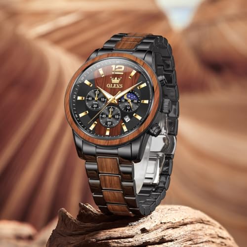 OLEVS Men Watch Analog Quartz Wood Wirst Watches Luxury Dress Chronograph Stainless Steel Waterproof Luminous Watches Men Gift
