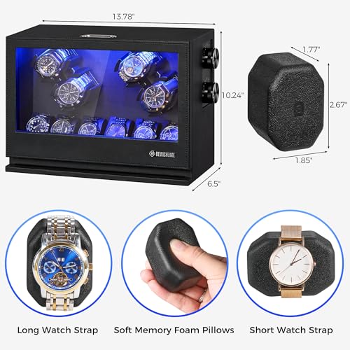 BEWISHOME Watch Winders for Automatic Watches, 4 Watch Winder and 6 Watch Display Case with Led Light 4 Modes, Automatic Watch Winder Box with Japanese Quiet Motor USB-C Adapter, Black SYQ04B