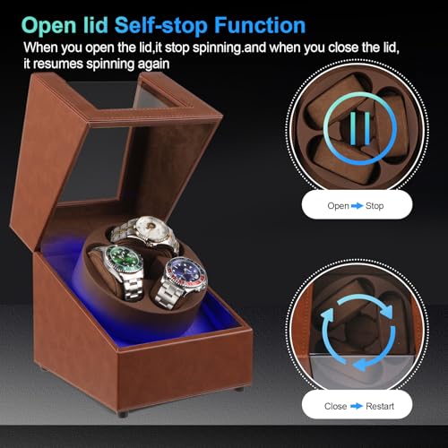 J&T Technology Watch Winder for Automatic Watches,Automatic Watch Winder with LED Light,Rotating Watch Case with Japanese Quiet Motor,4 Rotation Modes,USB Type C