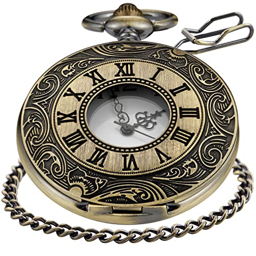 Bronze Hollowed Out Roman Covered Quartz Pocket Watch for Men, Arabic Numerals White Dial Pocket Watches for Men, Men's Quartz Pocket Watch with Chain -Bronze