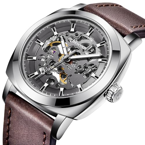 BENYAR Men's Automatic Mechanical Watch Leather Strap Gold Movement 45mm Skeleton Dial Water Resistant Scratch Resistant Elegant Gift for Men, Grey 1, Strap