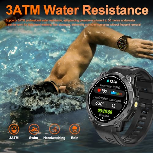 Rugged Military Smart Watch for Men with GPS, 1.43'' AMOLED Fitness Tracker Watch with Bluetooth Call/Flashlight/Compass, 170+ Sports Modes Waterproof Mens Smartwatch for Android iPhone