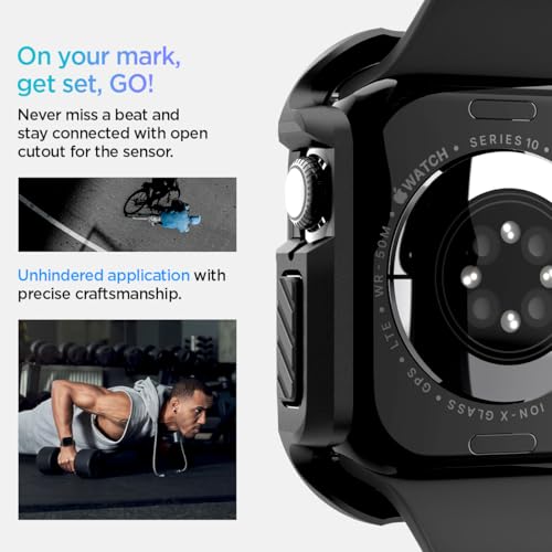 Spigen for Apple Watch Series 11 Case, Built-in Touch Sensitive Tempered Glass Screen Protector Durable Full Coverage Cover Tough Armor Compatible with Series 11/10 46mm - Black
