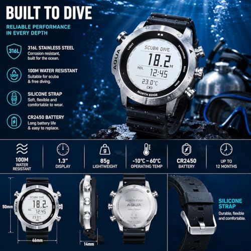 NORTH EDGE Aqua Dive Computer Watch for Men, 100M Waterproof Scuba Diving Watch with NDL, Air/Nitrox/Gauge Modes, 50M Depth Display, Compass, Altimeter, Barometer, Dive Log, Silicone Strap