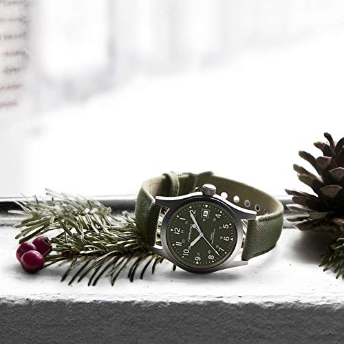 Hamilton Khaki Field Mechanical Men's Watch, 38mm Stainless Steel Case, Swiss Made, Green Dial Analog Wrist Watch for Men, 50m Waterproof, Sapphire Crystal, Canvas Strap
