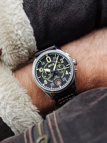AVI-8 Mens 42mm Spitfire Lock Chronograph Midnight Oak Japanese Quartz Pilot Watch with Leather Strap AV-4089-01