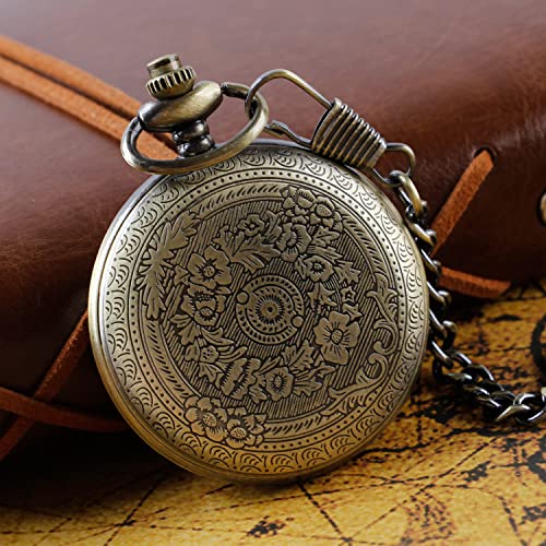 Realpoo Bronze Large Decorative Flower Pattern Pocket Watch White Roman Numeral Scale Quartz Pocket Watches for Men with Chain