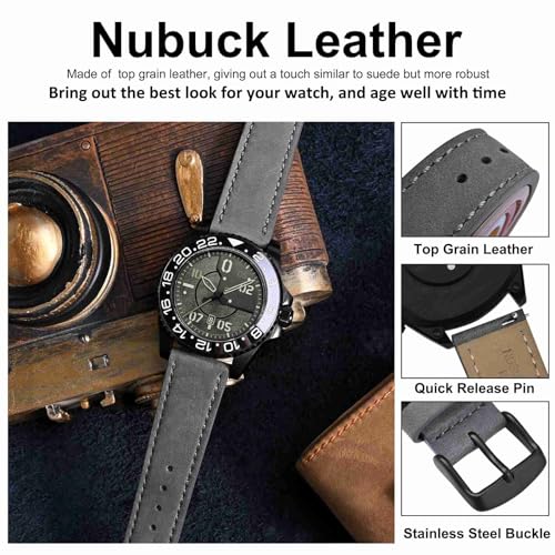 WOCCI 20mm Retro Leather Watch Band for Men and Women, Quick Release Replacement Strap with Black Buckle (Grey)