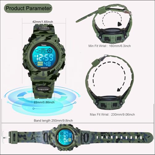 Facasu Camo Sports Watch for Boys-Waterproof Kids Digital Watch with Colorful Light, Alarm&Snooze,Stopwatch Military Design Silicone Band Gift for Birthdays,Christmas(8+ Years)