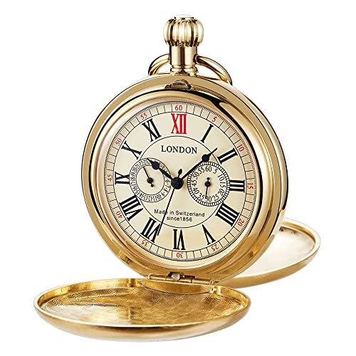 Whodoit Smooth Double Open Cover Mechanical Pocket Watch, Unisex, Roman Dial, Stainless Steel, Chain, Box