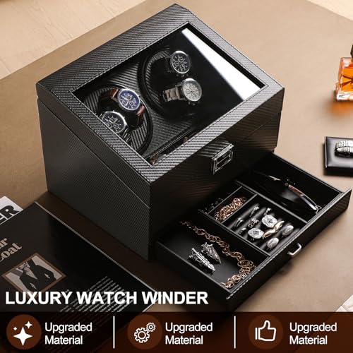 Liliaafar Watch Winder for Automatic Watch, Rotating Watch Display Case Quiet Running Motor Watches Jewelry Box with Drawer for Men & Women Gift(Black,Carbon Fiber Leather,6 Slots)