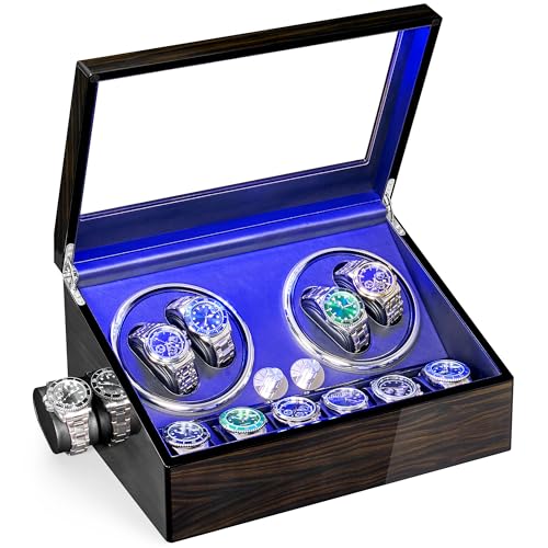 ANWBROAD Watch Winder for Automatic Watches 4 Watch Rotator and 6 Extra Storages with Super Quiet Motor LED Backlight Piano Paint Watch Shaker 4 Rotating Modes USB UJWW002E