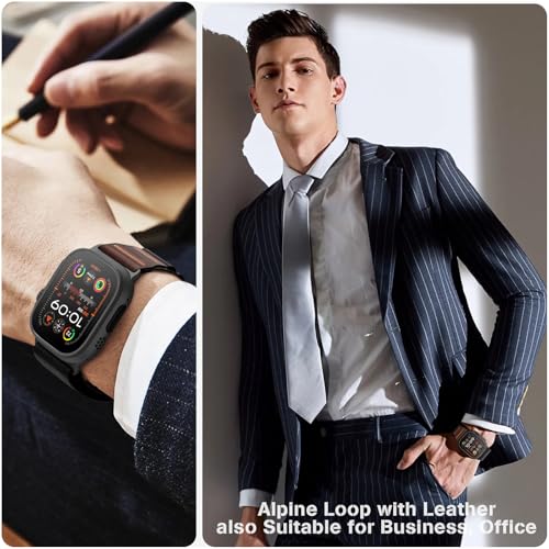 MRAIN-H Leather Design Compatible with Apple Watch Bands Ultra 3 2 1 (49mm) & Series 11 10 9 8 7 6 5 4 SE 3 2 1 (46mm 45mm 44mm), Soft Stretchy Nylon Sport Band for iWatch Men Women
