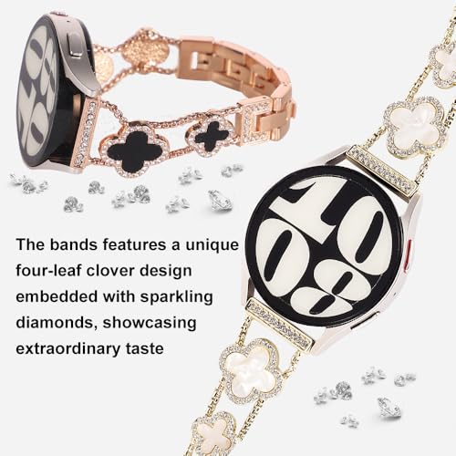 Chinmumu for Samsung Galaxy Watch 7 6 5 4 FE Band 40mm 44mm, 20mm Watch Band,Four Leaf Clover Women Bling Diamond Band for Watch 6/4 Classic 5 Pro Active 2 43mm 47mm 42mm 46mm (gold/white)