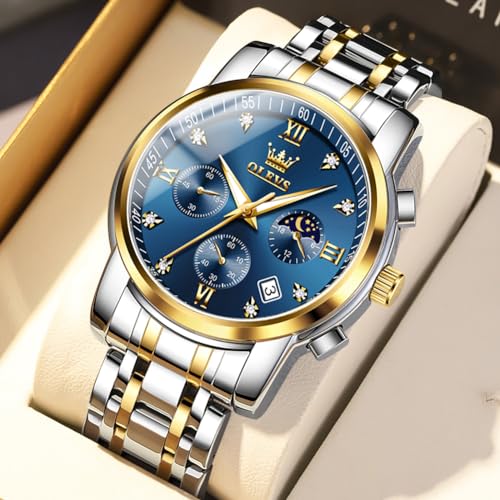 OLEVS Watch for Men Diamond Business Dress Analog Quartz Stainless Steel Waterproof Luminous Date Two Tone Luxury Casual Wrist Watch Blue