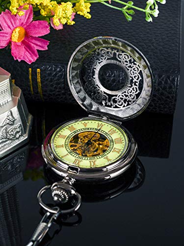 BOSHIYA Mechanical Pocket Watch, Luminous Skeleton Black for Men.