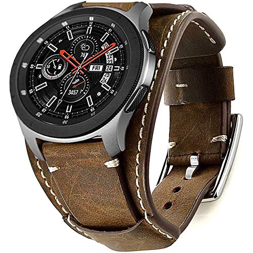 Hepsun Compatible with Samsung Galaxy Watch 42mm/Active 40mm/Active 2 40mm 44mm/Gear S2 Classic/Gear Sport /Fossil Q Gazer/Ticwatch 2/Garmin Vivoactive 3 20mm Genuine Leather Cuff Bands/Strap (coffee)