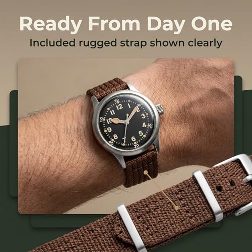 PRAESIDUS A-11 Military Watch | Automatic WW2 Field Watch for Men | 42mm Stainless Steel Case with Black Dial & Brown Nylon Strap and 100M Water Resistance, Assembled in USA