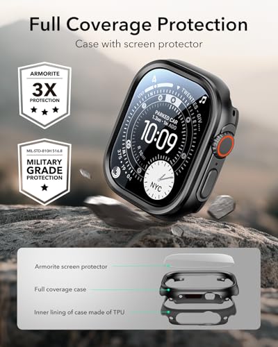 ESR for Apple Watch Ultra 3 /Ultra 2 /Ultra Case with Screen Protector 49mm (2025) Military Grade Protection, Aluminum Alloy Case with 2 Pack Armorite Glass Protector Set, Stay Original, Black
